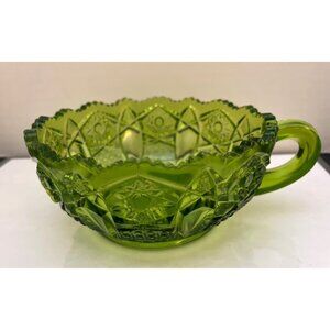 L E Smith Heritage Quintec Green Carnival Glass Handle Candy Nut Dish Bowl Vtg